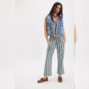 Free People Marielle Pull-On Pants XL 12 Women Striped Trousers Blue Pant 44991